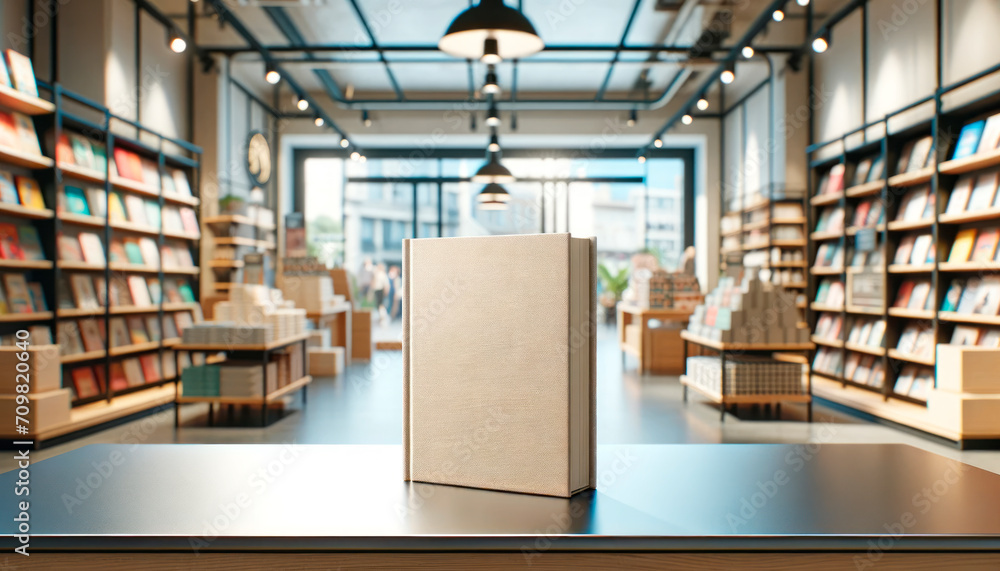 Obraz premium Beige book standing in a brightly lit bookstore with blurred shelves. Generative AI