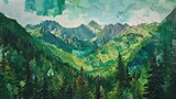 Generative AI, Green forest landscape with mountains in torn paper style