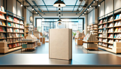 Beige book standing in a brightly lit bookstore with blurred shelves. Generative AI