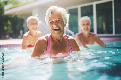 Active senior women enjoying aqua fit class in a pool