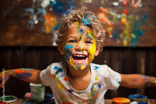 A young boy with a silly  excited expression  engaged in painting with paint on his face.