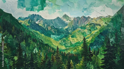 Generative AI, Green forest landscape with mountains in torn paper style