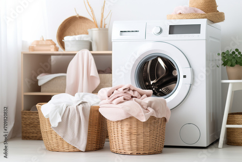 Basket with dirty clothes near washing machines in a laundry room