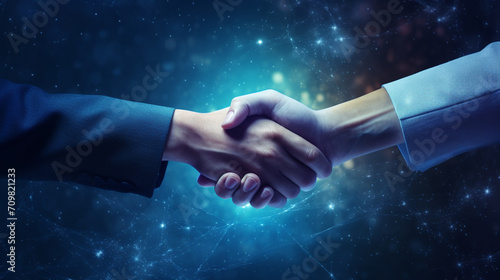 business handshake photo blue bokej background created with Generative Ai photo