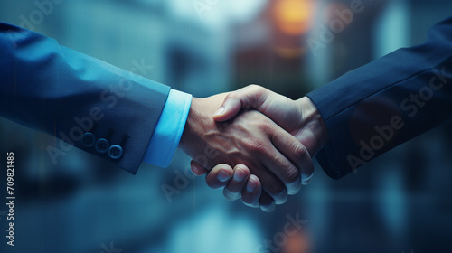 business handshake photo blue bokej background created with Generative Ai