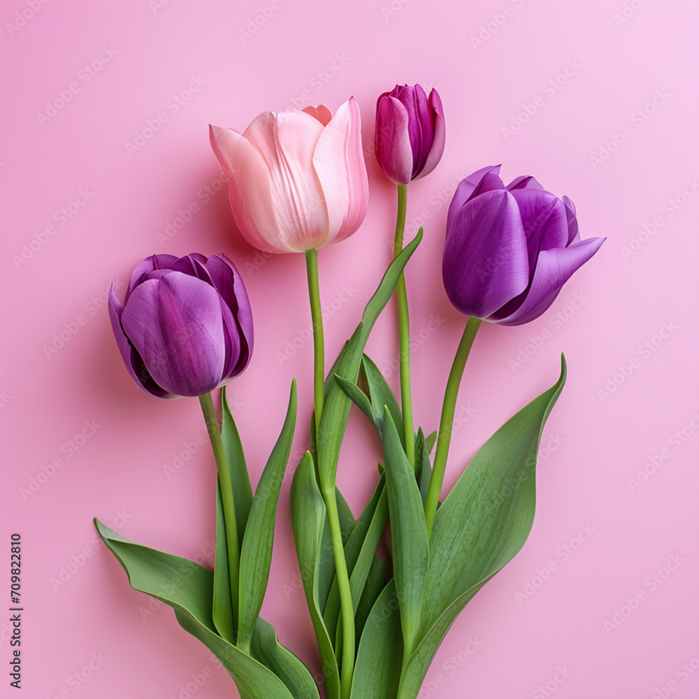 Pink and Purple Tulips on Pink Background, top view, ai technology Pink and Purple Tulips on Pink Background, top view, ai technology