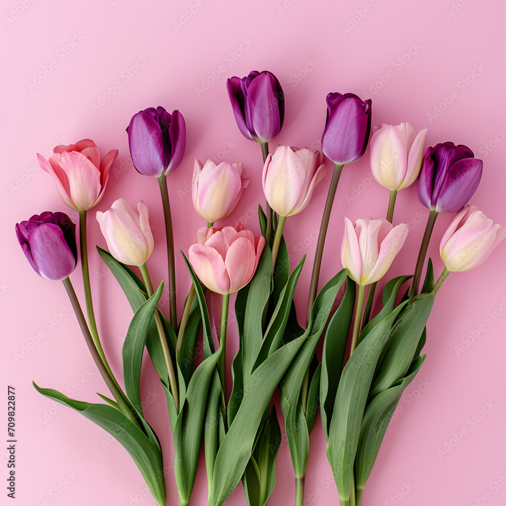 Pink and Purple Tulips on Pink Background, top view, ai technology Pink and Purple Tulips on Pink Background, top view, ai technology