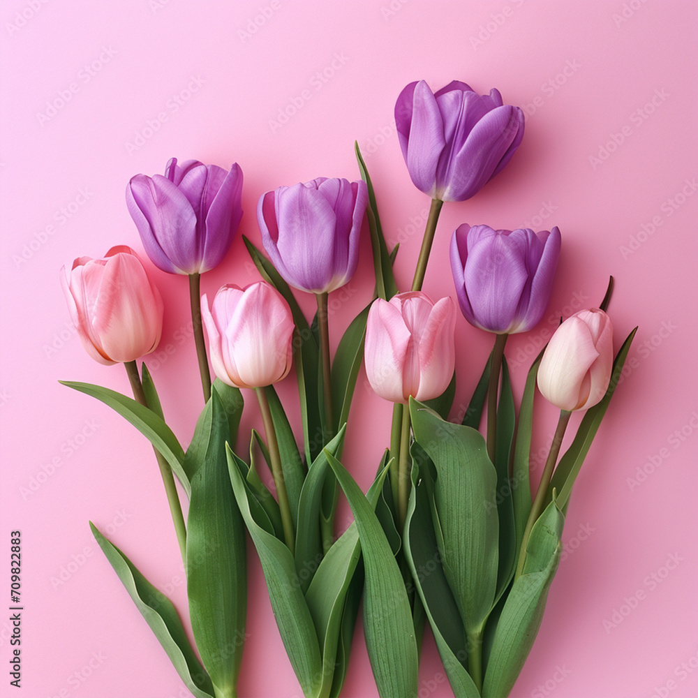 Pink and Purple Tulips on Pink Background, top view, ai technology Pink and Purple Tulips on Pink Background, top view, ai technology