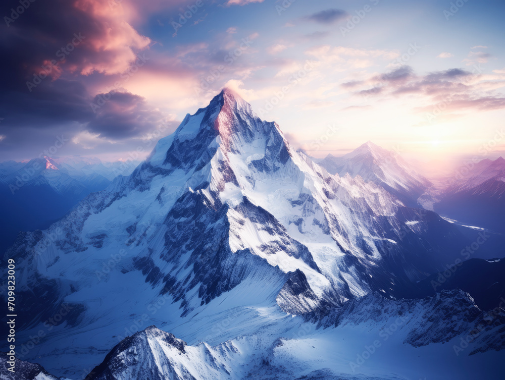 Twilight hues over a dramatic mountain range and snow fields. Generative AI Twilight hues over a dramatic mountain range and snow fields. Generative AI
