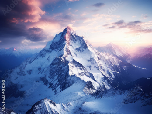 Twilight hues over a dramatic mountain range and snow fields. Generative AI