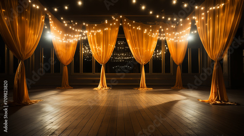 Theater stage with golden curtains. 3d illustration photo