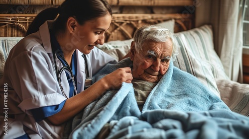 Smiling nurse covers an old man in a nursing home with a blanket. 