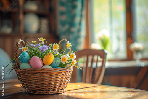 Cozy Easter celebration in a charming, rustic bed and breakfast. Quintessential springtime decorations and vibrant colors complement the inviting warmth of the lodging. Weekend getaway in idyllic coun