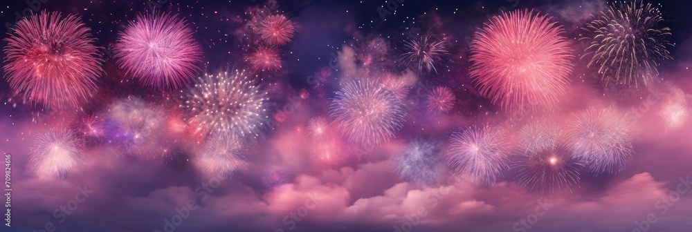 Happy new year background banner panorama greeting card - pink firework ...