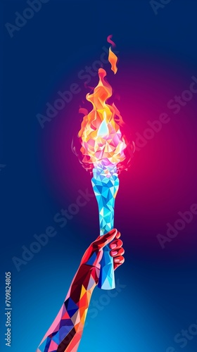 a hand holding the Olympic flame on a blue background, a torch in hand, an abstract decorative illustration in a polygonal style, a symbol of international sports games and competitions