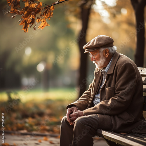 An elderly man sitting surrounded by orange leaves. Sad and melancholic man spends time alone. People concept © simona