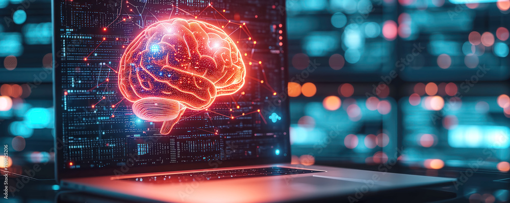 Obraz premium Illustration of the human brain on the desktop of the laptop. Artificial intelligence concept.