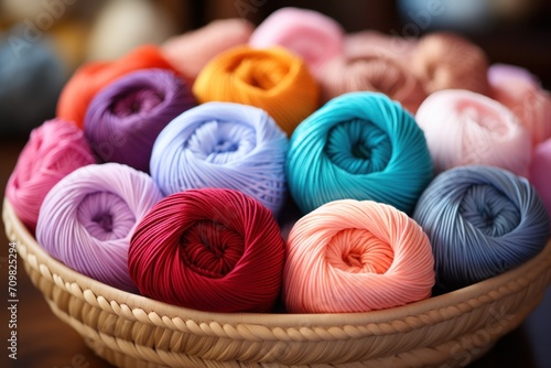 Balls of thread, Materials for needlework, Rack with yarn in the store, Shelf with multi-colored threads for knitting