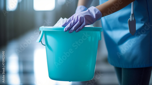 close up photography of a hand holding a light blue bucket for cleaning created with Generative Ai