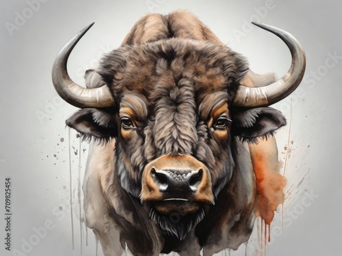 Buffalo, painted with watercolors, on a gray background. Nature conservation concept