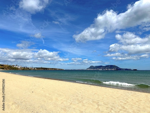 Playa de Getares beach near Algeciras on the Bay of Gibraltar with a view towards Gibraltar, Andalusia, Spain