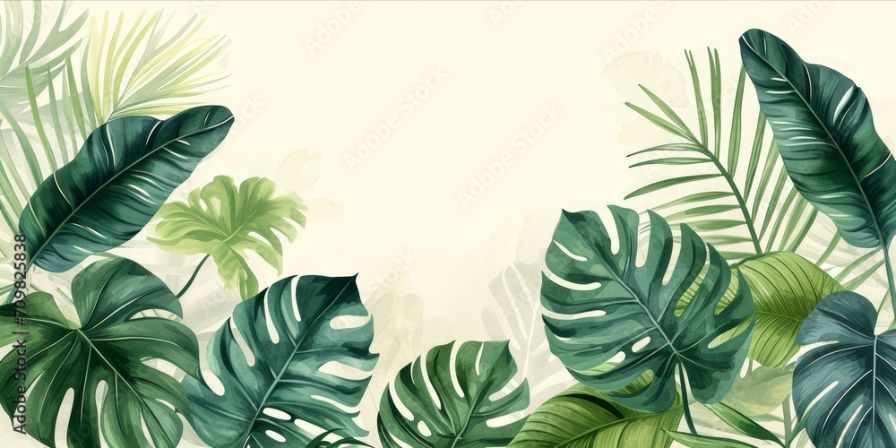 Artistic rendition of various tropical leaves in shades of green with a watercolor effect on a plain background. Artistic rendition of various tropical leaves in shades of green with a watercolor effect on a plain background.