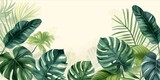 Artistic rendition of various tropical leaves in shades of green with a watercolor effect on a plain background.