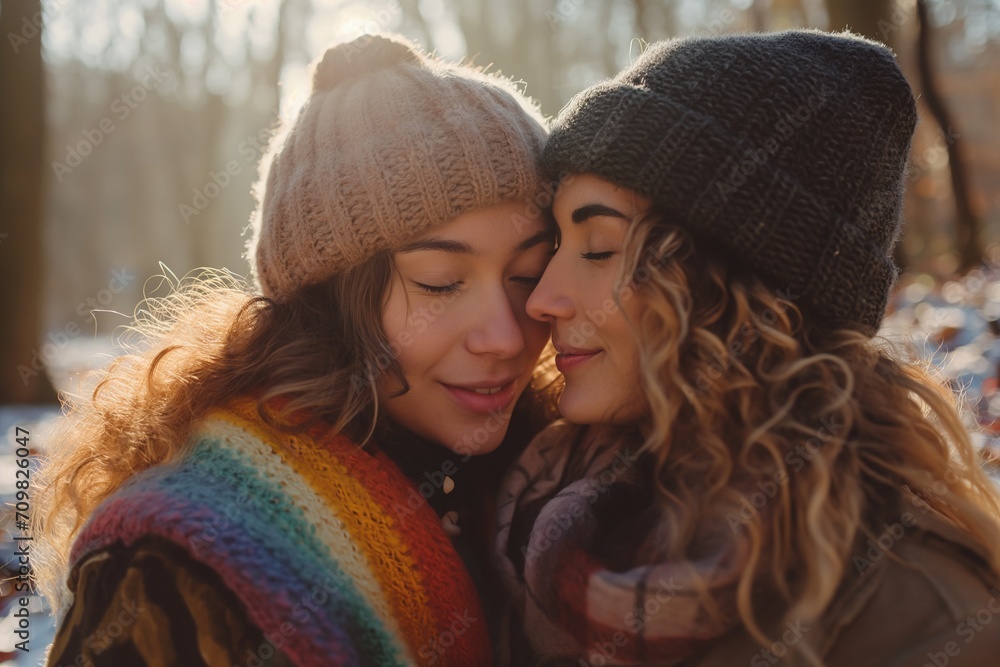 A couple of affectionate lesbian women in a beech forest. Happy Valentine's Day love A couple of affectionate lesbian women in a beech forest. Happy Valentine's Day love