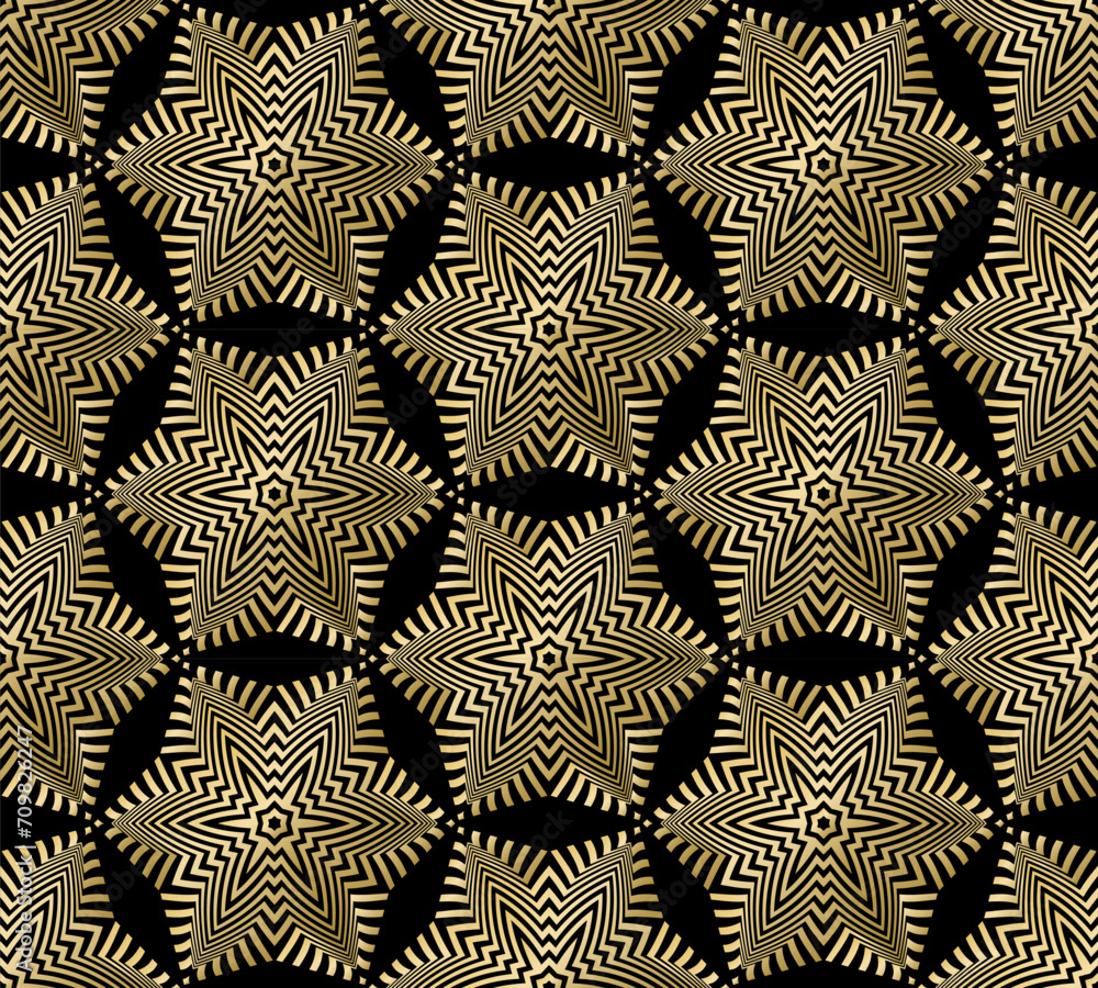 Seamless pattern with golden hexagonal ornament on black background. Template for wrapping paper design. Seamless pattern with golden hexagonal ornament on black background. Template for wrapping paper design.