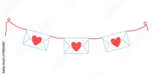 Garland of love letters in envelopes with hearts on a red thread illustration. Festive romantic doodle clipart. Valentine's Day symbol sticker design