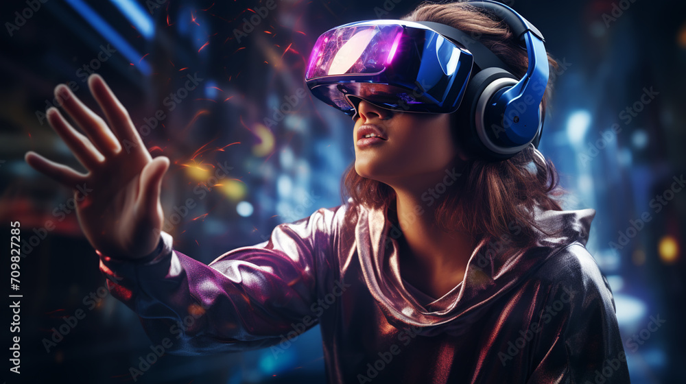 Woman with glasses of virtual reality. Future technology concept. Colorful neon lights. Woman with glasses of virtual reality. Future technology concept. Colorful neon lights.