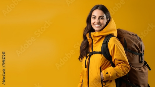 Happy young girl student she wear casual clothes backpack bag isolated on plain yellow color background. © alexkich