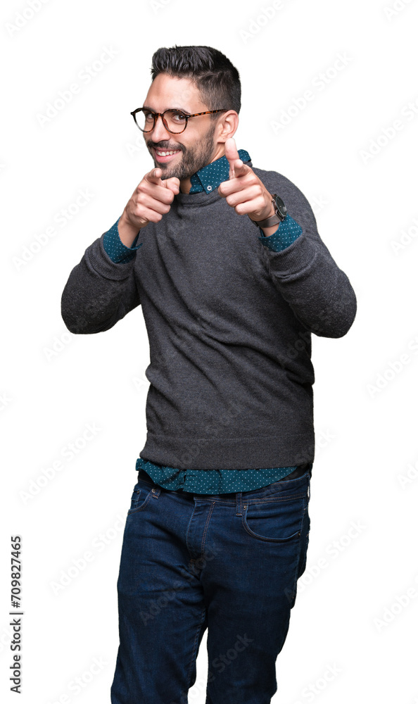 Young handsome man wearing glasses over isolated background pointing fingers to camera with happy and funny face. Good energy and vibes. Young handsome man wearing glasses over isolated background pointing fingers to camera with happy and funny face. Good energy and vibes.