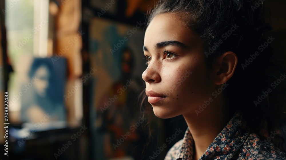 A woman's captivating portrait in this striking image captures the essence of a person beautifully. A woman's captivating portrait in this striking image captures the essence of a person beautifully.