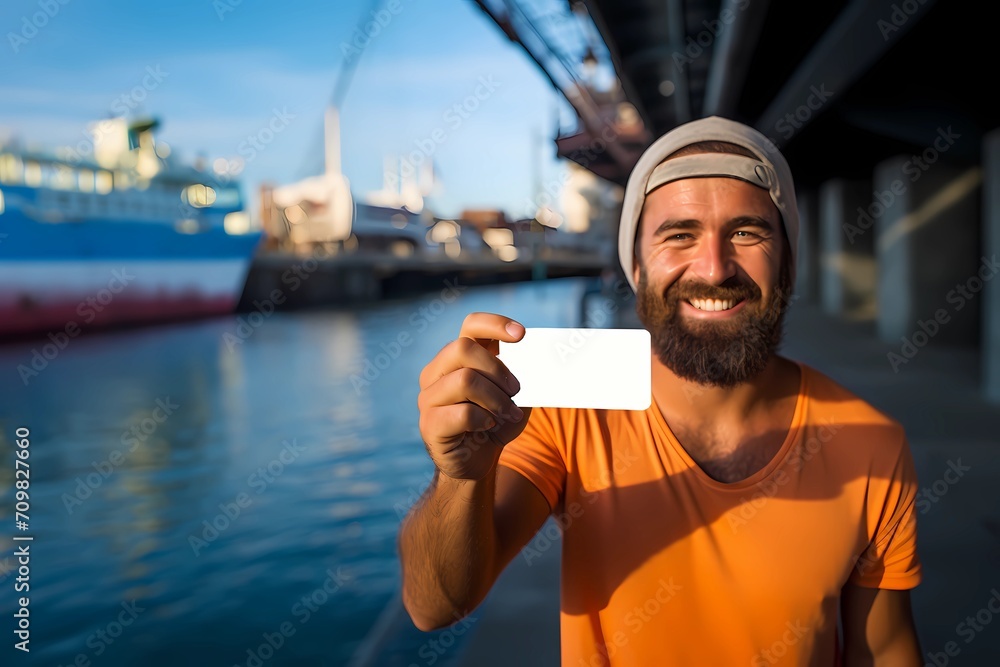Naklejka premium Happy handsome bearded man holding blank card, river harbor background