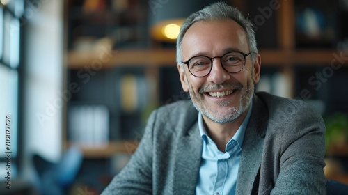 Male boss smiling with glasses in office photo