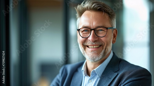 Male boss smiling with glasses in office