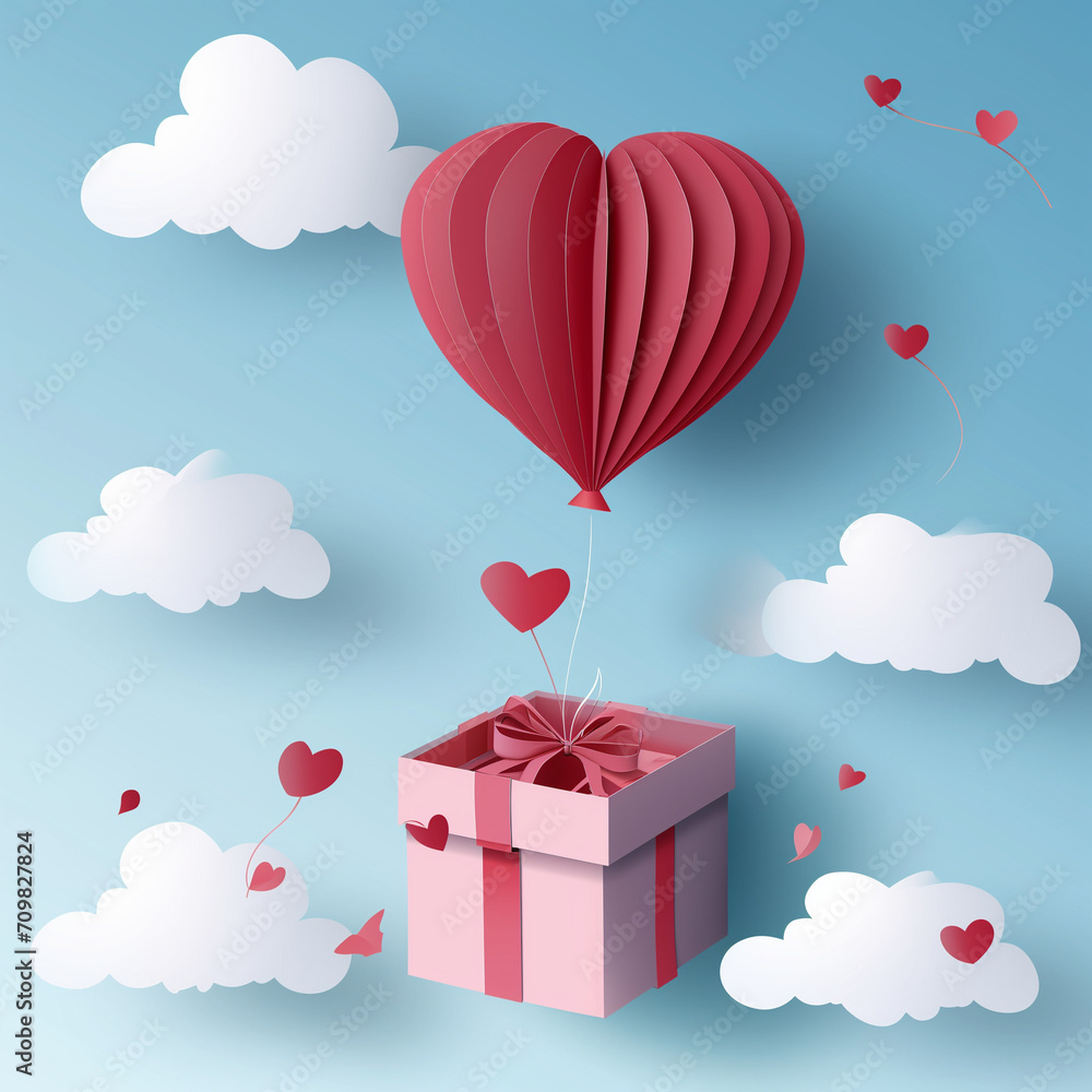 A charming scene with a gift box adorned with a heart balloon, floating gracefully in the sky. A delightful and romantic visual concept