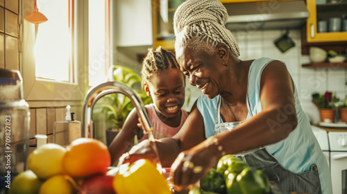 Happy african american grandmother and grandchild washing vegetables in kitchen - Soft focus on woman face - Model by AI generative
 photo