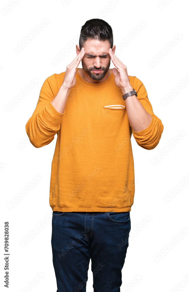 Young handsome man over isolated background with hand on head for pain in head because stress. Suffering migraine.