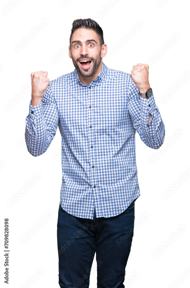 Young handsome man over isolated background celebrating surprised and amazed for success with arms raised and open eyes. Winner concept. Young handsome man over isolated background celebrating surprised and amazed for success with arms raised and open eyes. Winner concept.