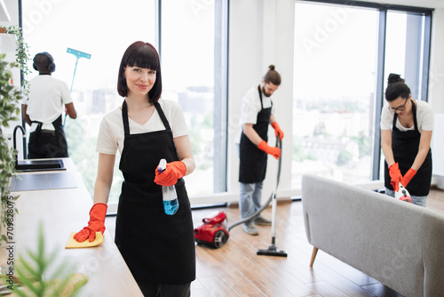 Tablou pe pânză Cleaning service team at work in kitchen in private home