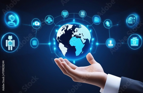 Businessmen hand holding Earth globe. Hand in business suit holding touching glowing blue earth hologram on dark black background. Ai innovative technology concept. Modern tech and metaverse theme