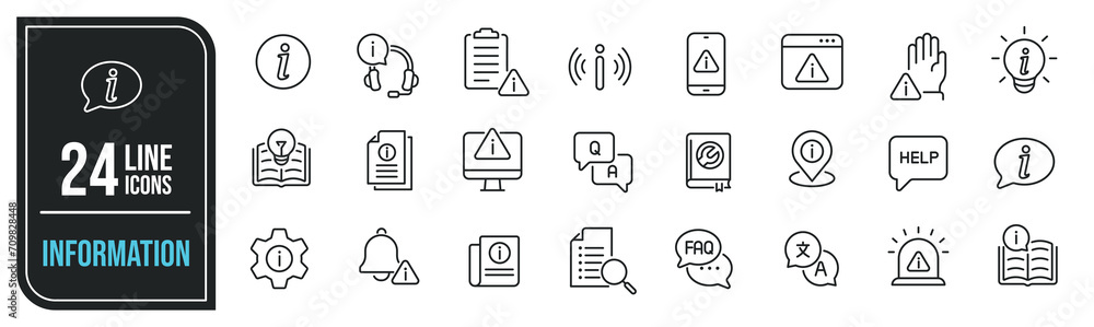 Information simple minimal thin line icons. Related manual, instruction, support, service. Editable stroke. Vector illustration.