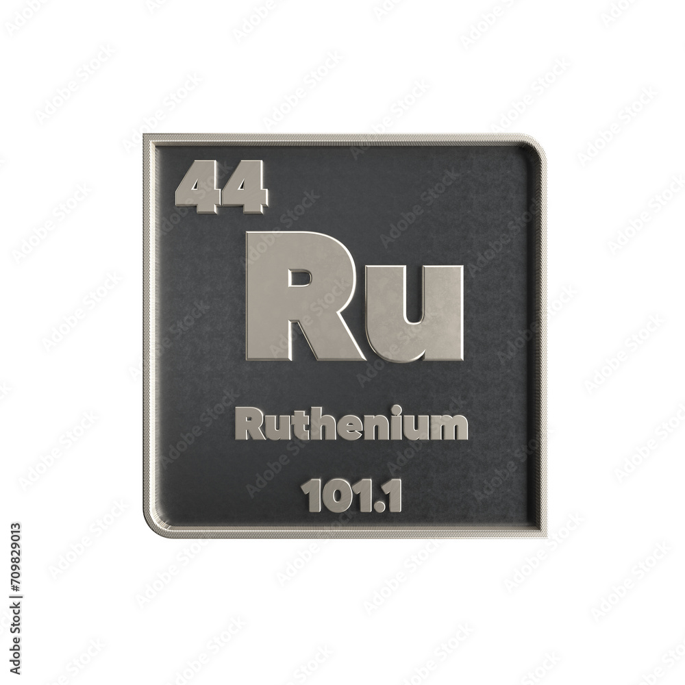 Ruthenium chemical element black and metal icon with atomic mass and atomic number. 3d render illustration.