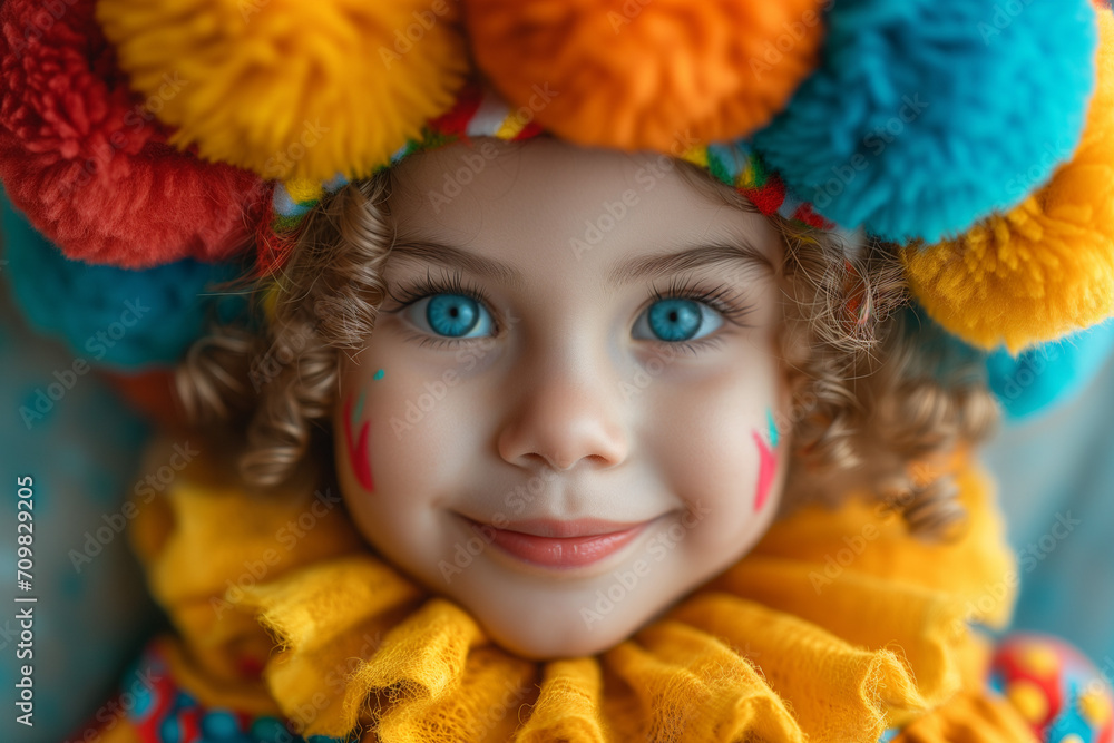 Concept of April 1st, April Fool's Day, circus day
Portrait of Cute smilling child in cloun costume, joy, dance, has fun