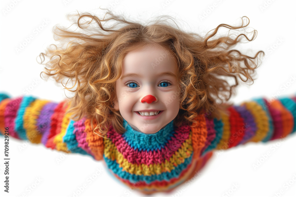 Concept of April 1st, April Fool's Day, circus day, Humor.
Cute smilling child in cloun costume, joy, dance, has fun