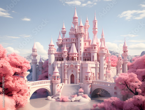 Pink fairy tale castle on pink background. 3d render illustration in Valentine theme.