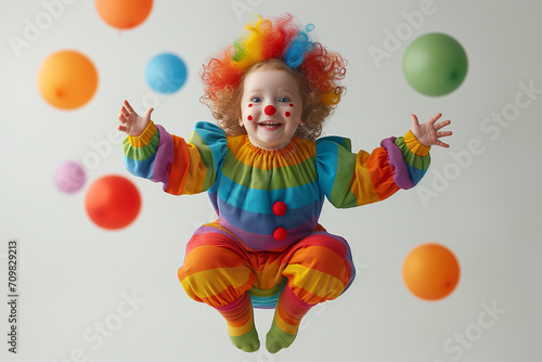 Concept of April 1st, April Fool's Day, circus day, Humor. Cute smilling child in cloun costume, joy, dance, has fun © MarijaBazarova