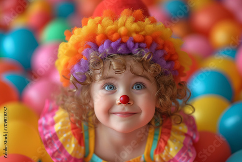 Concept of April 1st, April Fool's Day, circus day Portrait of Cute smilling child in cloun costume, joy, dance, has fun